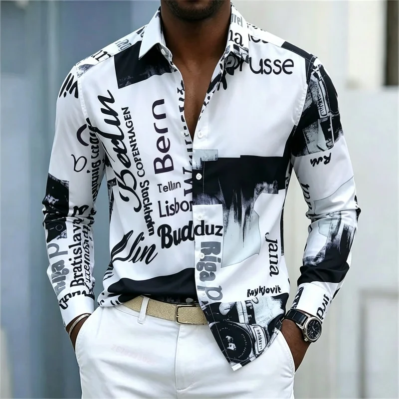 Fashion Streetwear - Erkek Baskılı Uzun Kollu Gömlek, Yaka