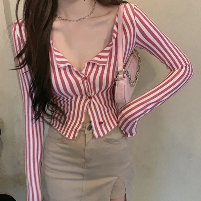 Street Fashion Korea - MEXZT Vintage çizgili gömlek kadın Y2K