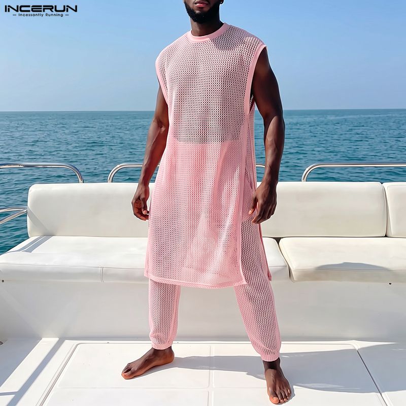 Fashion Streetwear - INCERUN Erkek Takımları File Şeffaf Kolsuz