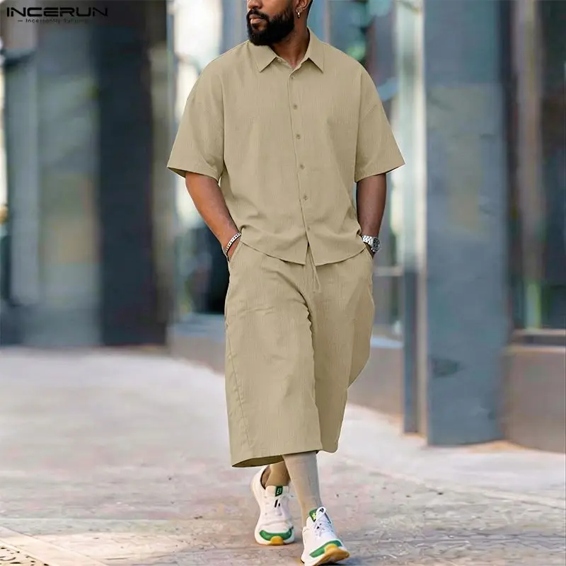 Fashion Streetwear - INCERUN erkek Setleri Katı Yaka Kısa