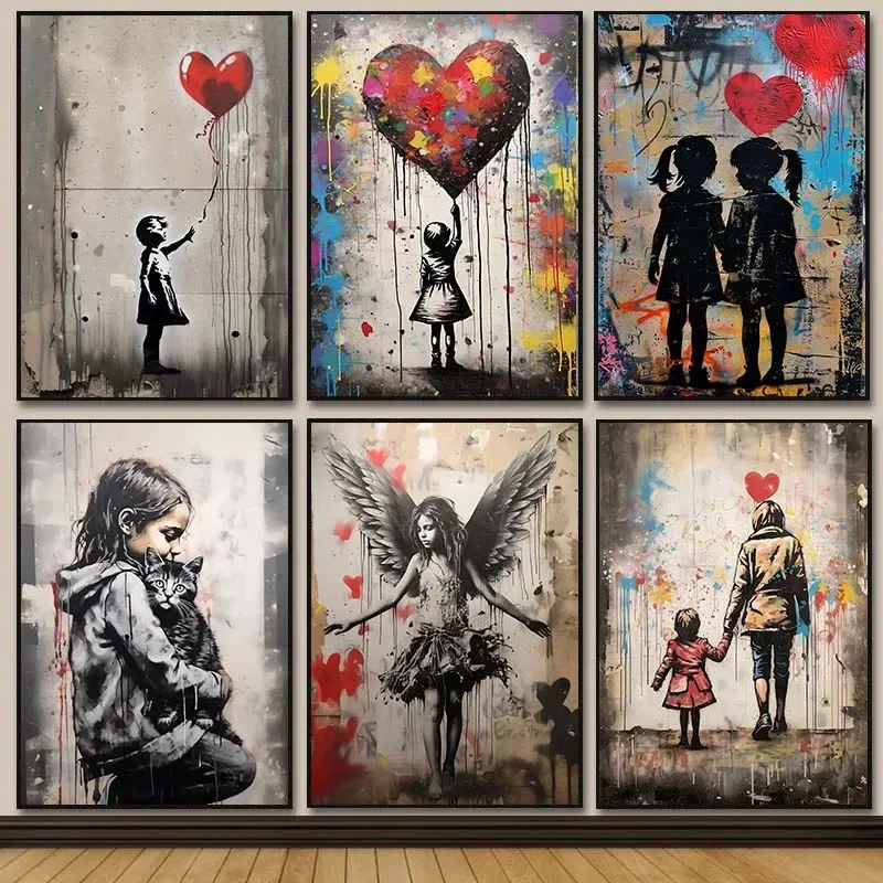 Street Fashion Poster - Banksy Grafiti Erkek Kız Balonlu Kanvas