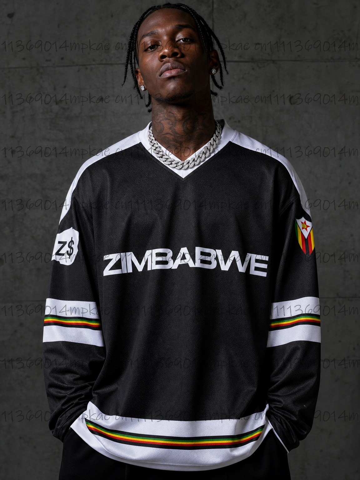 Fashion Streetwear - Erkek Zimbabve Baskılı V Yaka Uzun