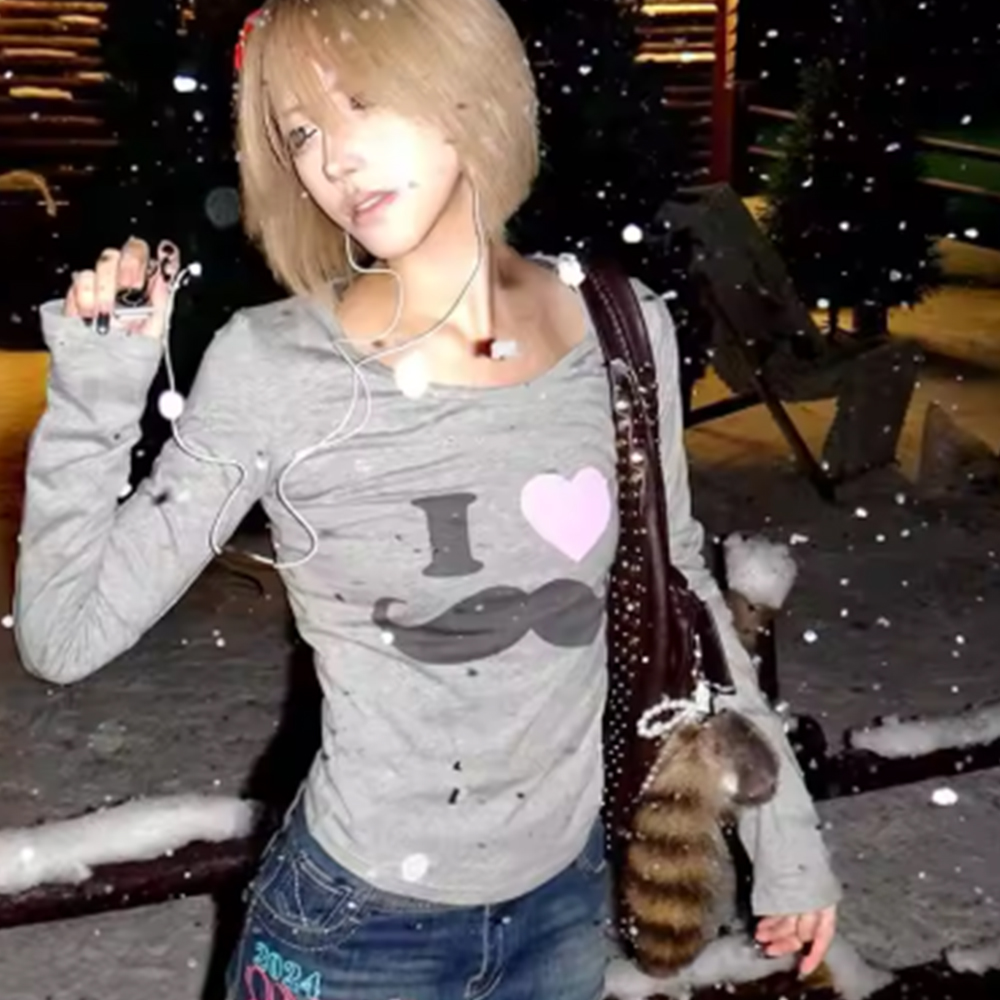 Street Fashion Korea - Japon Y2K Sakal Baskılı Tişört Vintage