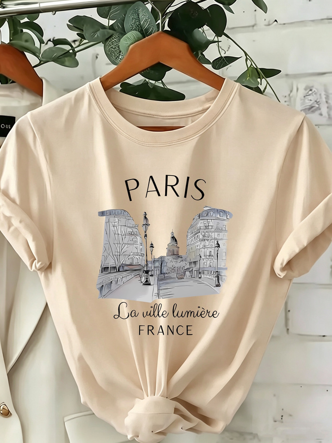Street Fashion Paris 2025 Trends - Kadın Paris Baskılı Bisiklet Yaka Tişört