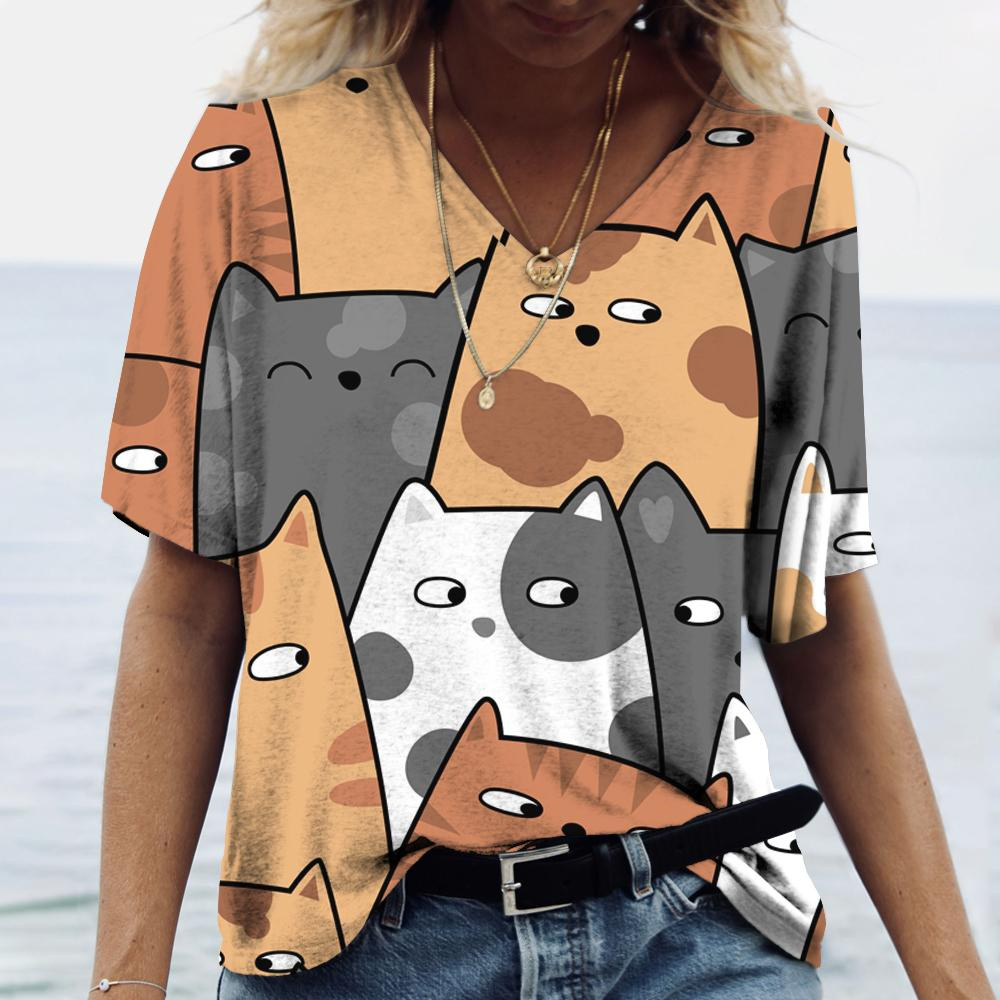 Fashion Street Cat - Moda V Yaka kadın T-Shirt Karikatür